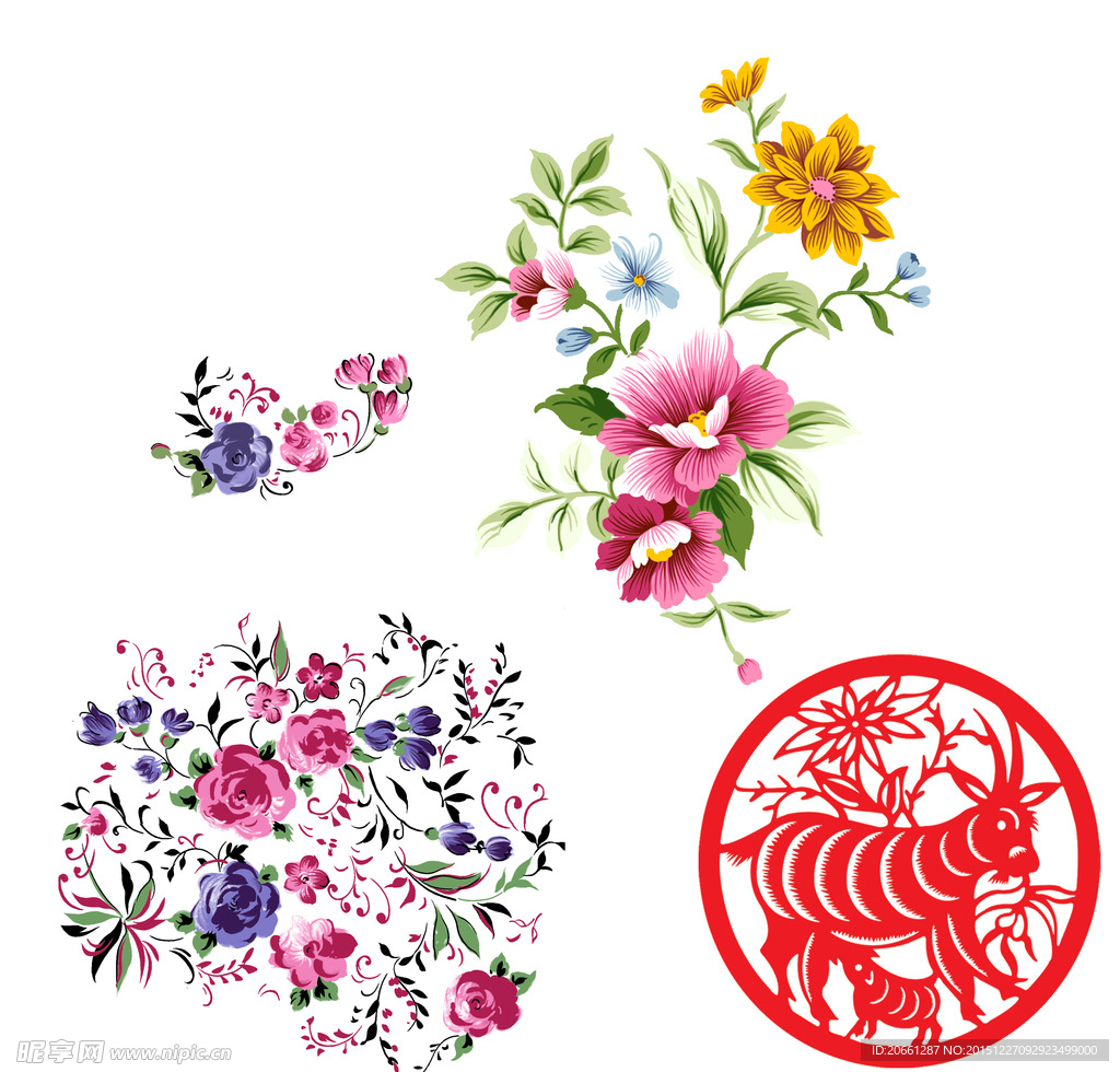 手绘花朵 羊剪纸