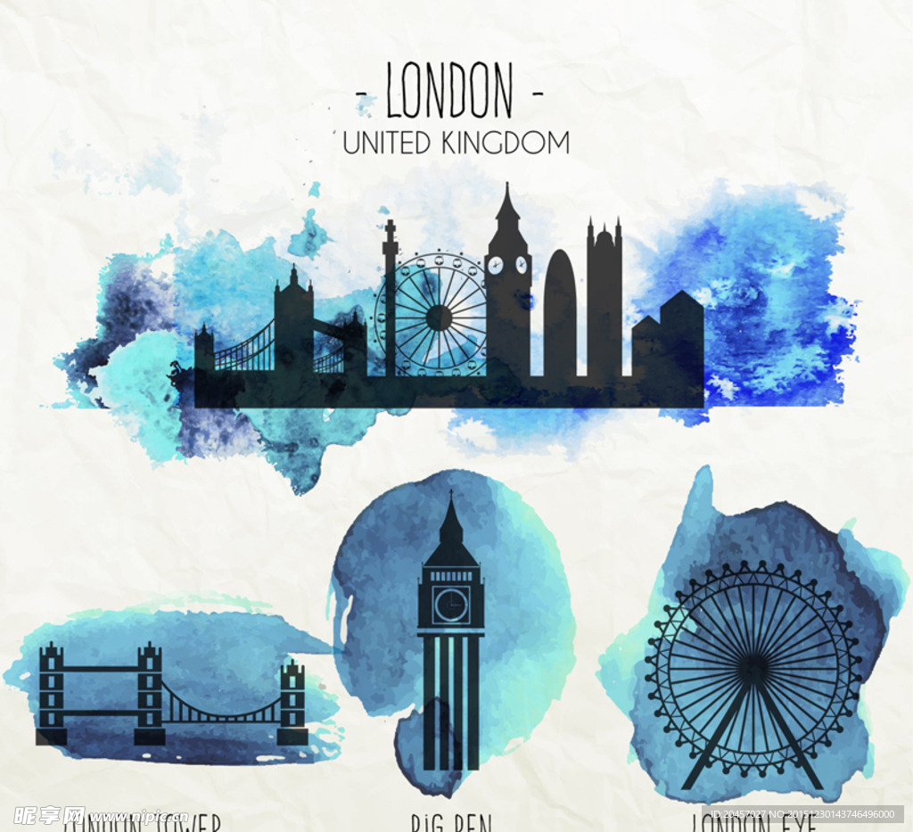 水彩英国著名建筑矢量图