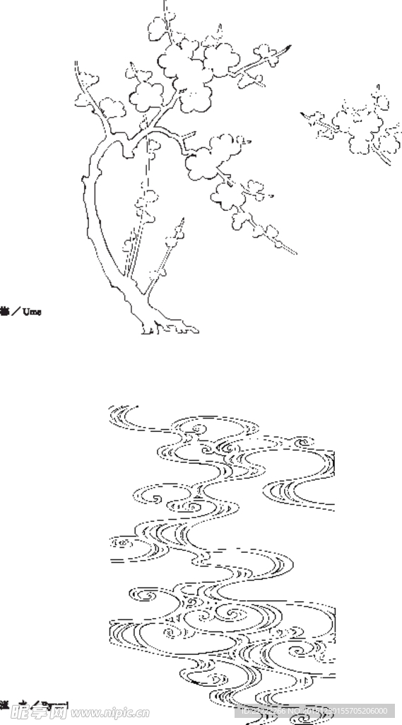 线描梅花和流水矢量EPS