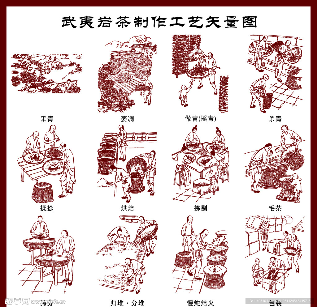 武夷岩茶制作工艺矢量图