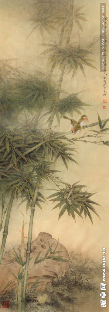 高清 中式 国画 竹鸟