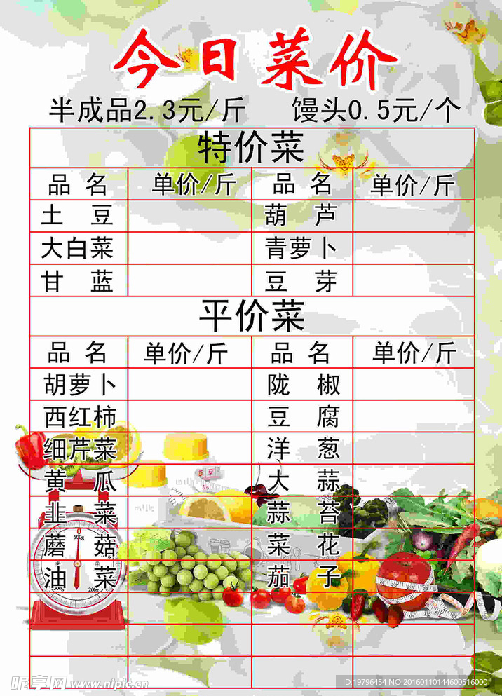 蔬菜水果店价目表