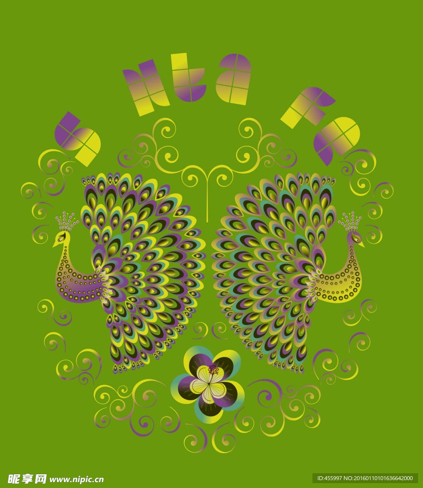 矢量卡通孔雀印花图案