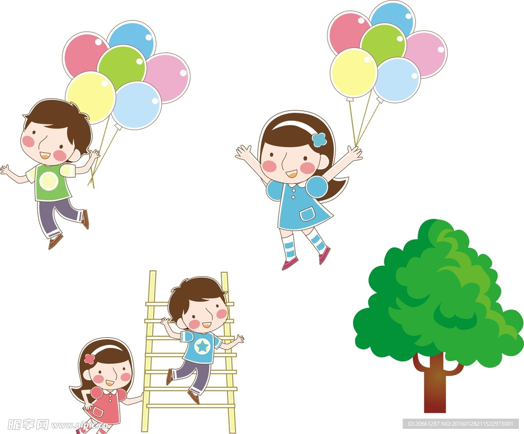 卡通儿童 气球 树木