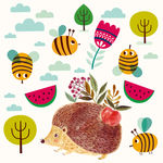 可爱水彩刺猬和蜜蜂