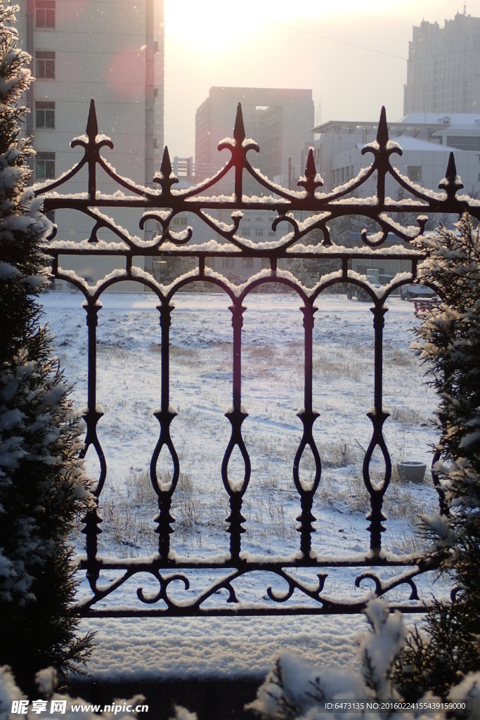 雪中的铸铁围栏
