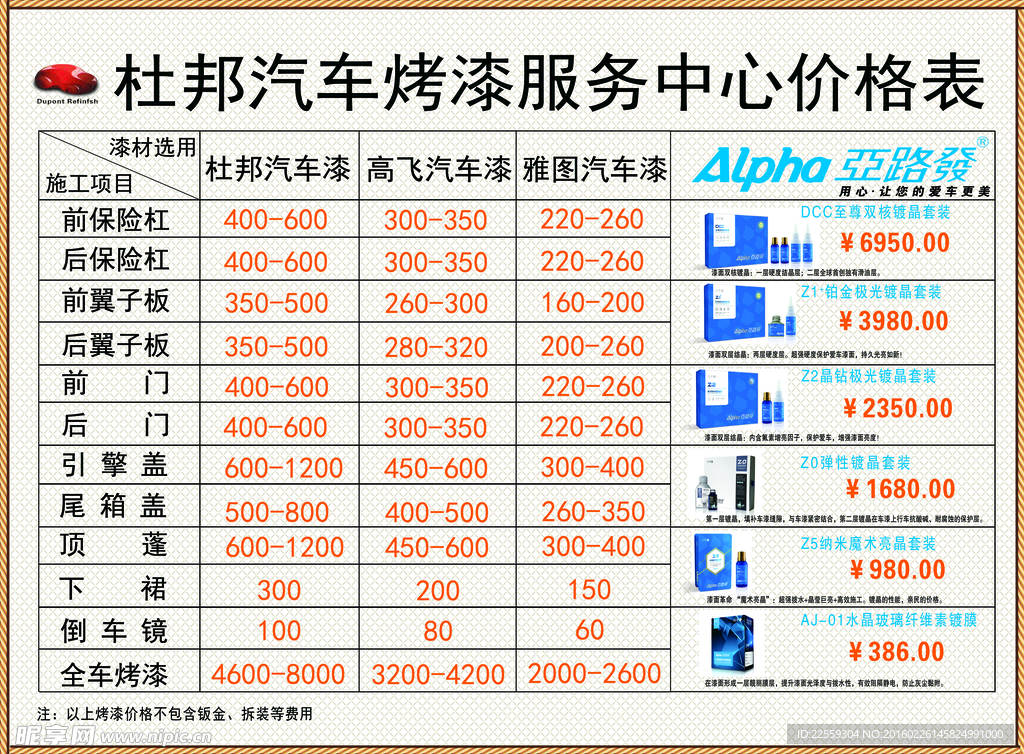 杜邦汽车烤漆价目表