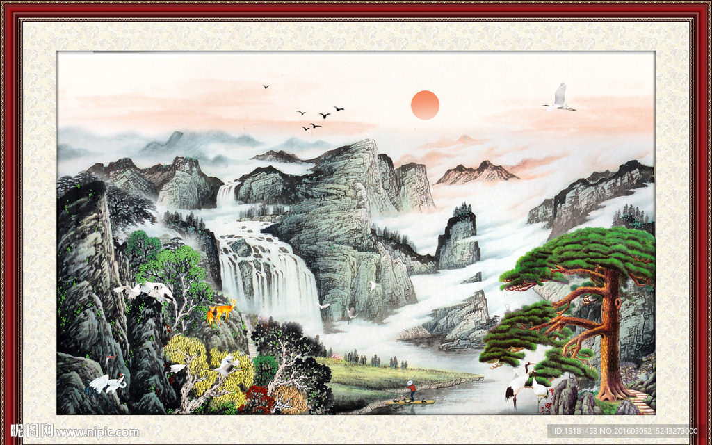 国画迎客松 旭日东升
