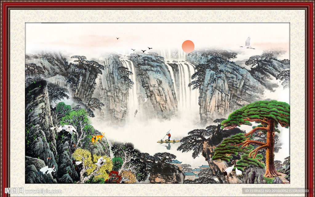 旭日东升 国画迎客松