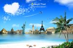 夏天海边旅游集各国标志建筑物