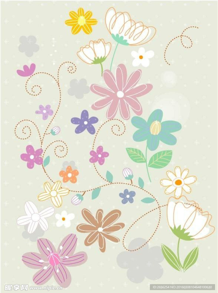 叶子藤蔓和美丽花朵插画