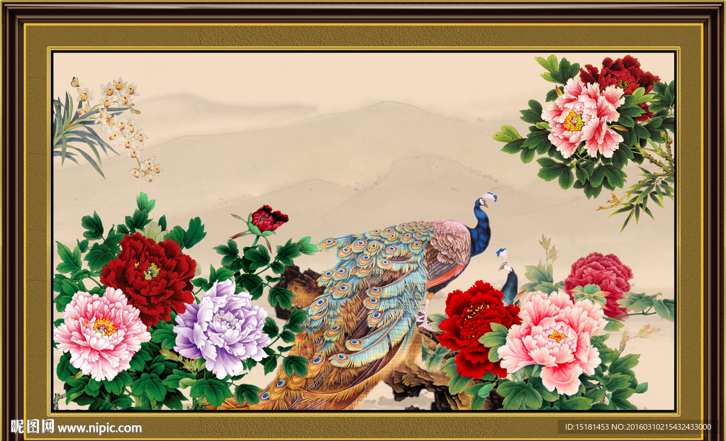 花开富贵孔雀图