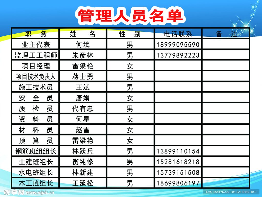 管理人员牌