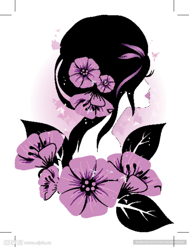 矢量紫色花朵黑白美女人物