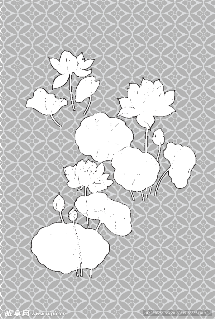荷花白描矢量图案
