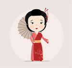 卡通撑伞的日本女子矢量图