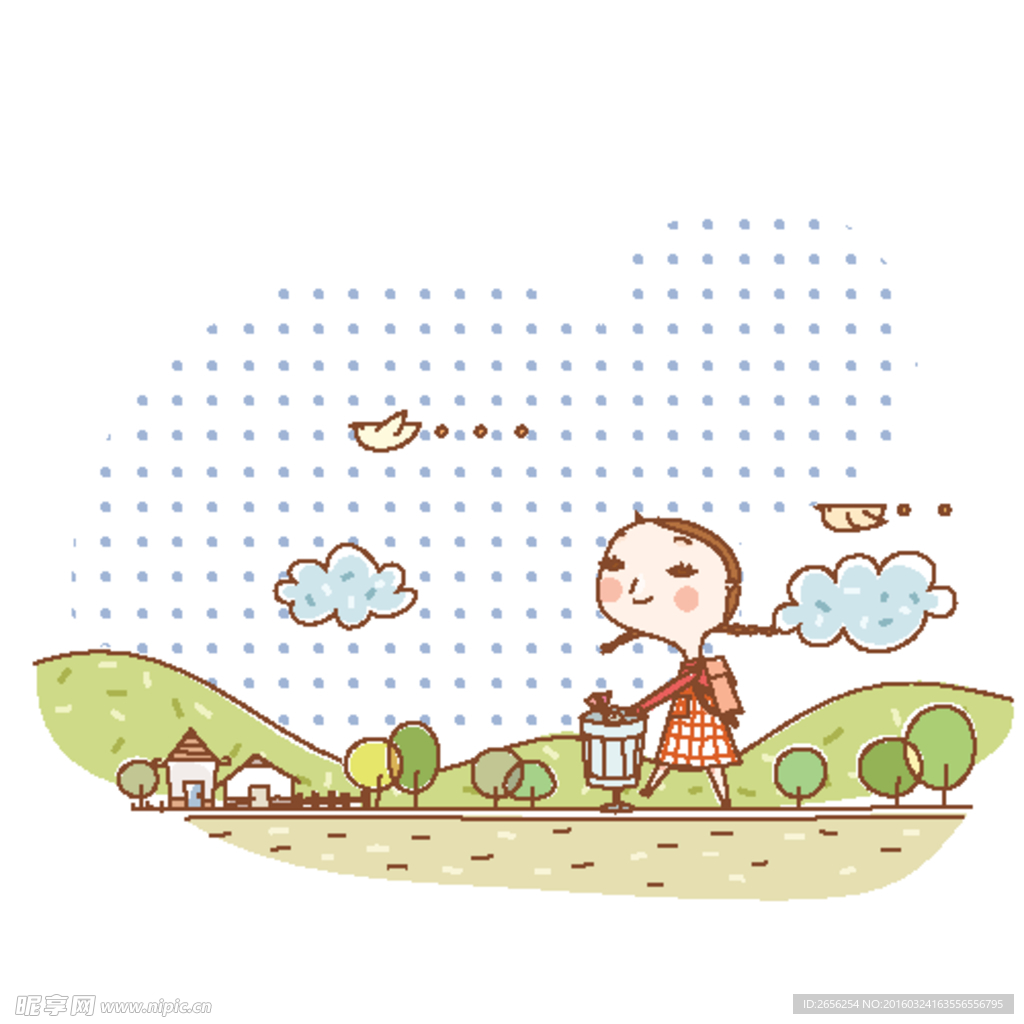 卡通画—郊外的房屋和女孩