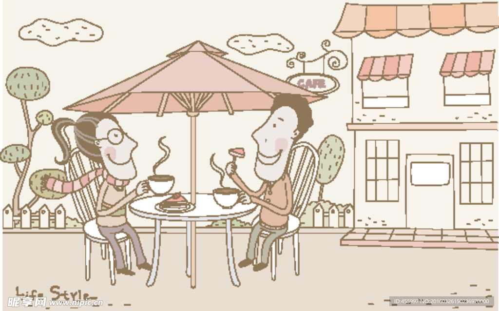 喝下午茶的卡通情侣