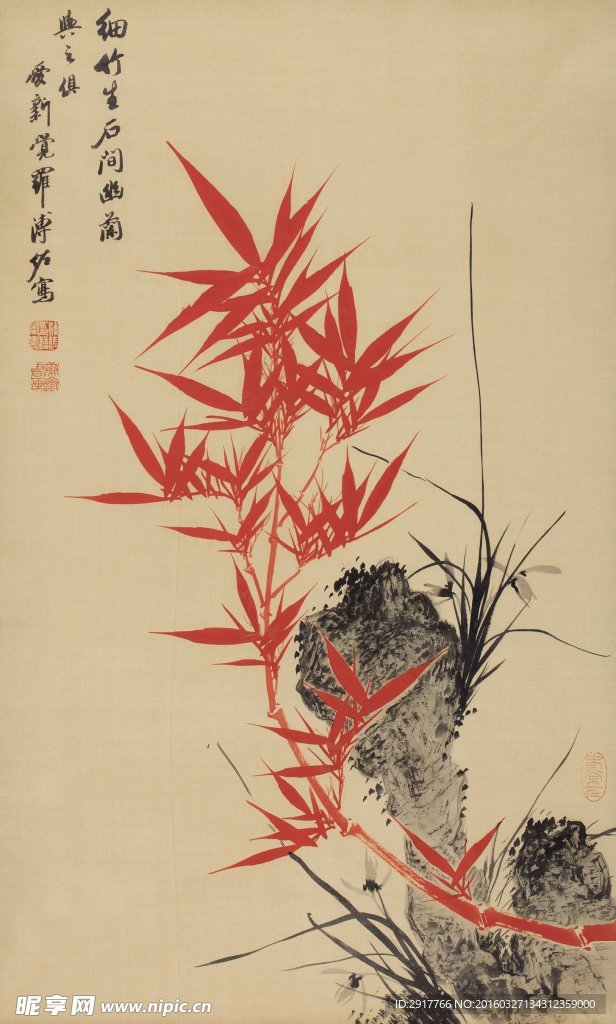 细竹生石间幽兰