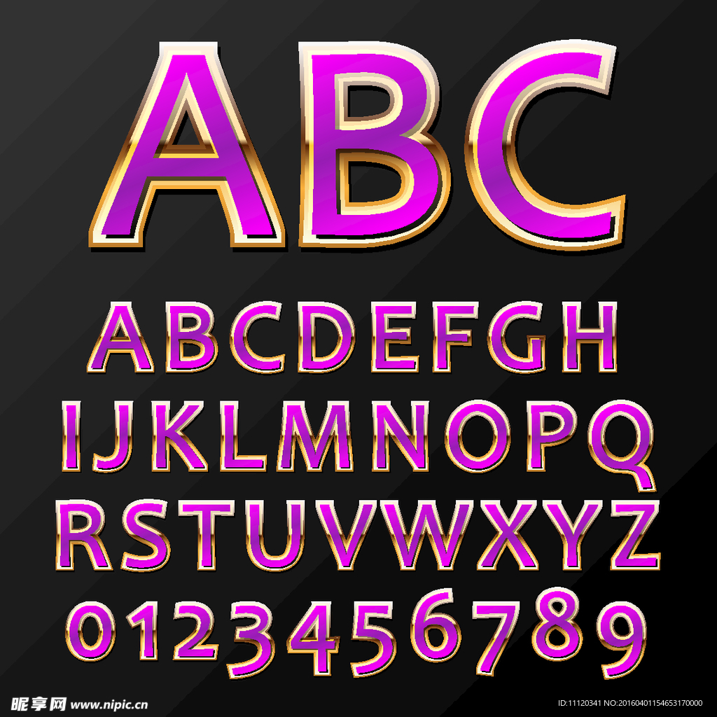 36个金边紫色字母和数字矢量图