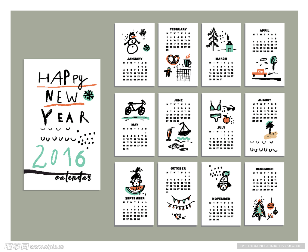 2016年彩绘年历卡片矢量图