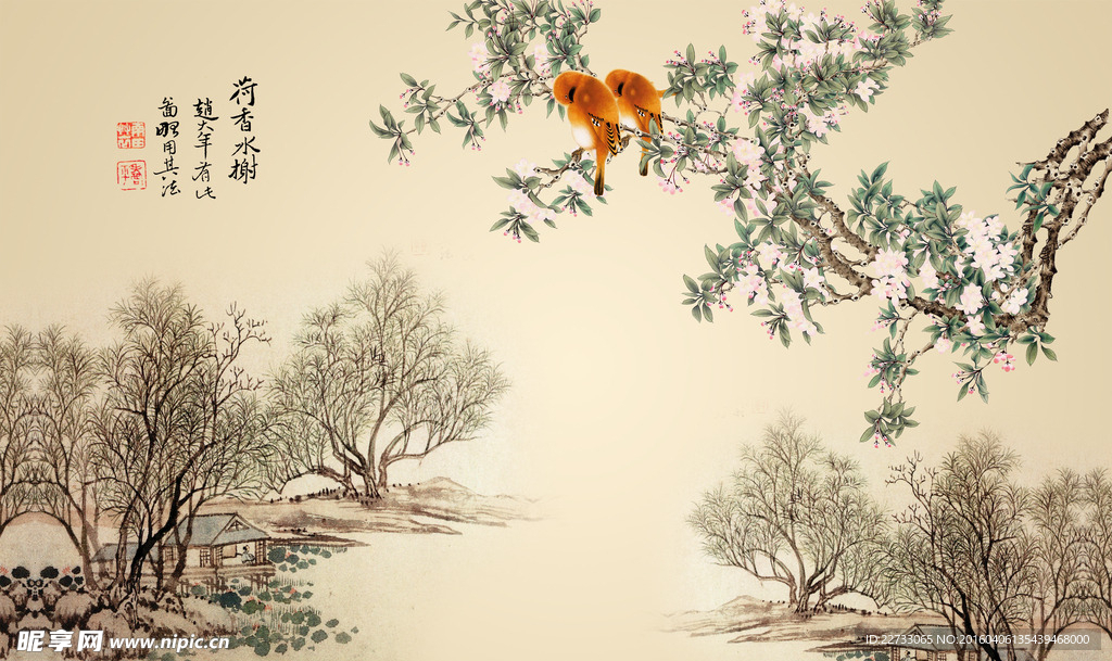 荷香水榭国画PSD素材