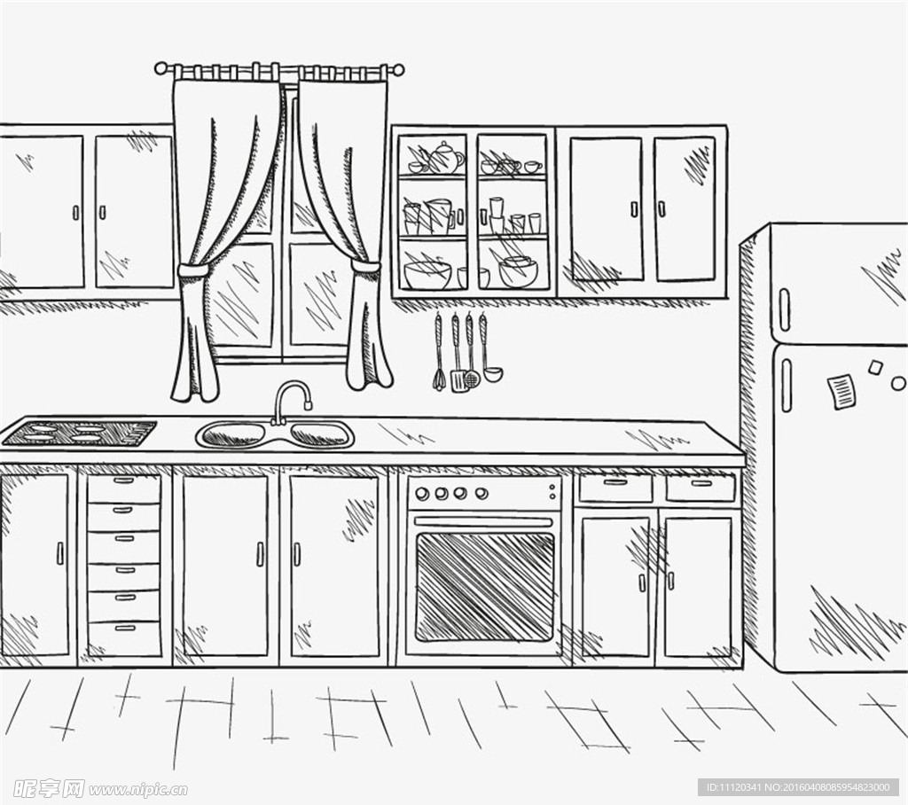 手绘整洁厨房矢量素材