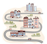 弯曲公路和城市建筑矢量图