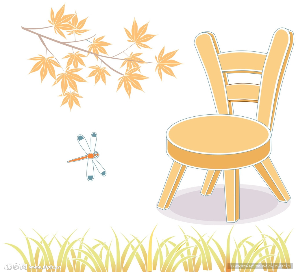 椅子 枫叶 蜻蜓 小草