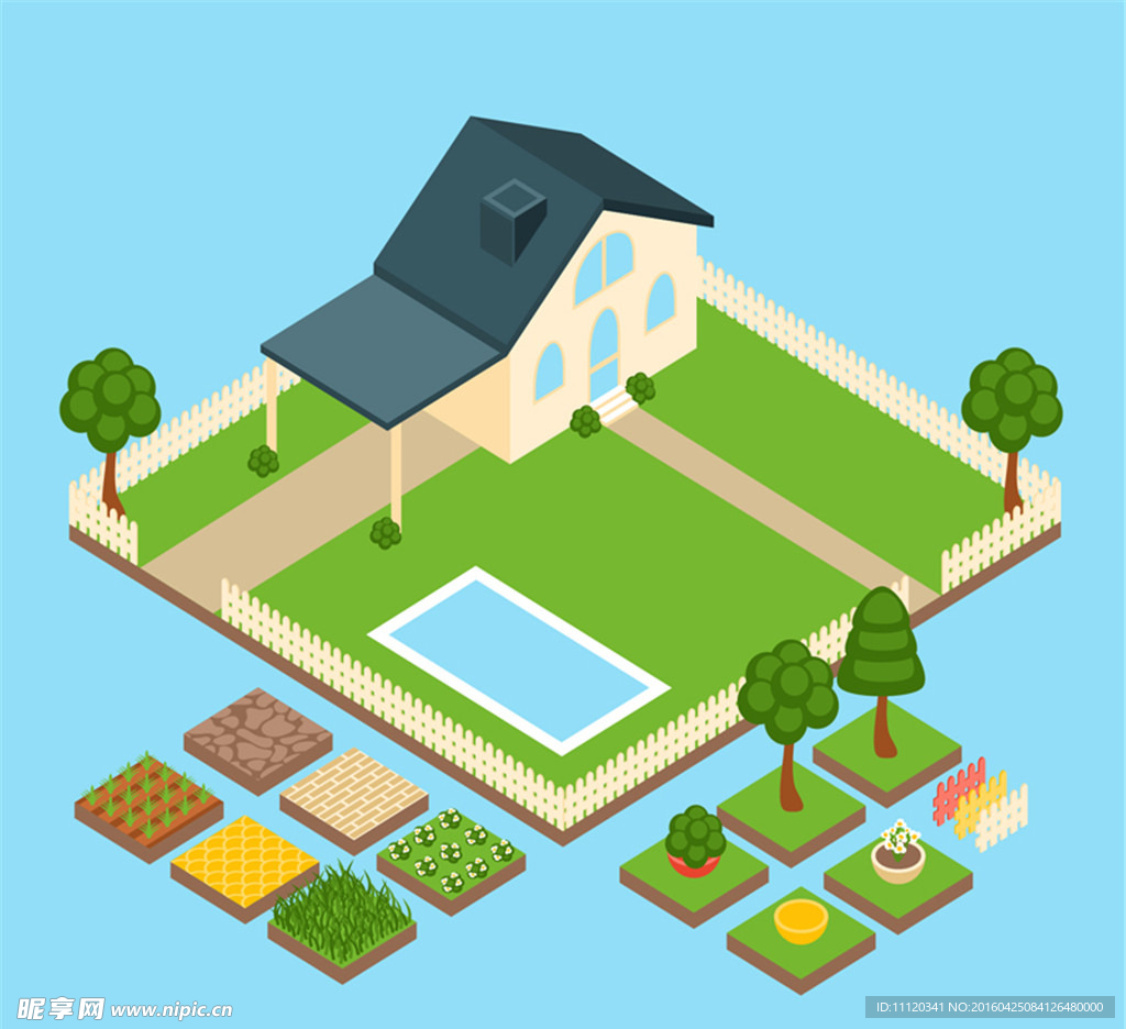 3D房屋菜园俯视图矢量素材