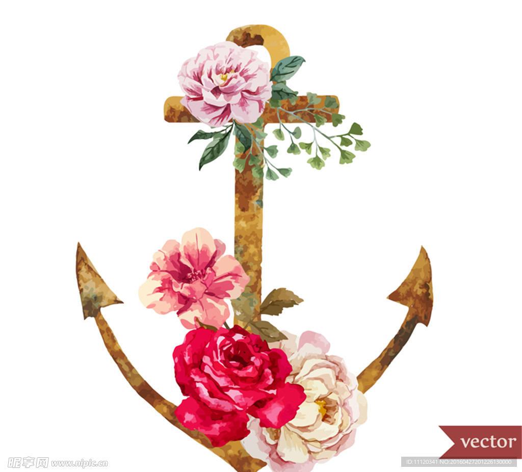水彩玫瑰和船锚矢量素材