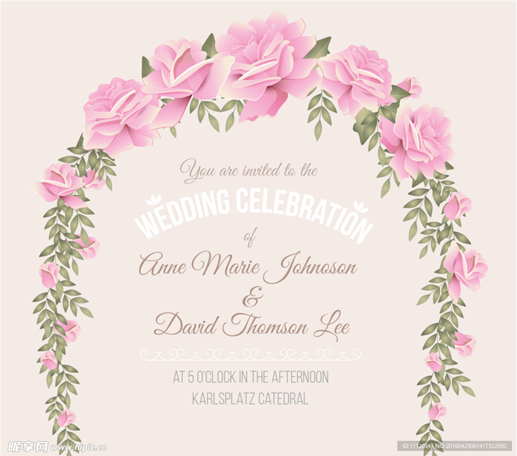 粉色玫瑰婚礼邀请海报矢量图