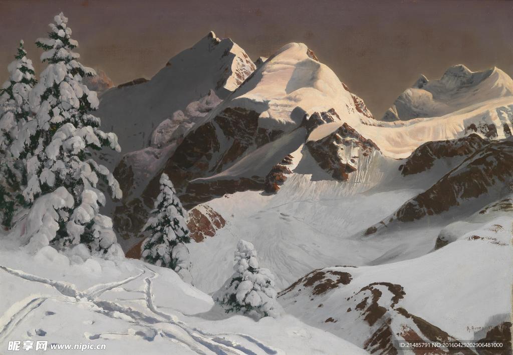 欧洲雪山油画