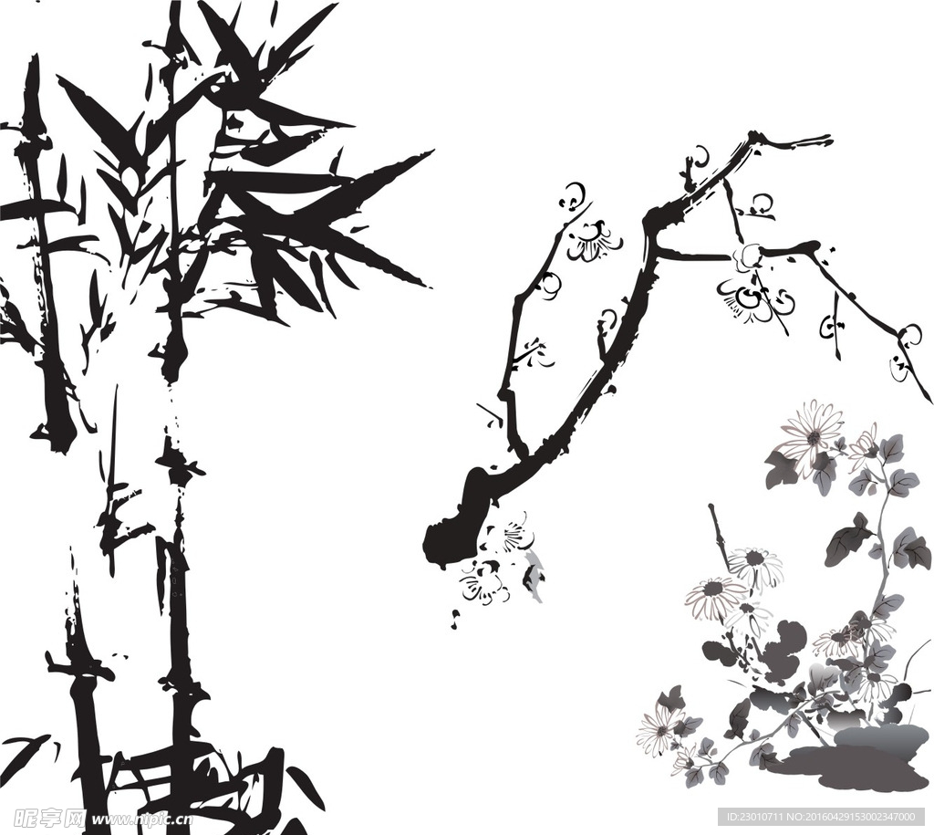 竹子 水墨梅花