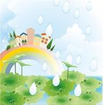 彩虹上的房屋和雨滴下的荷叶