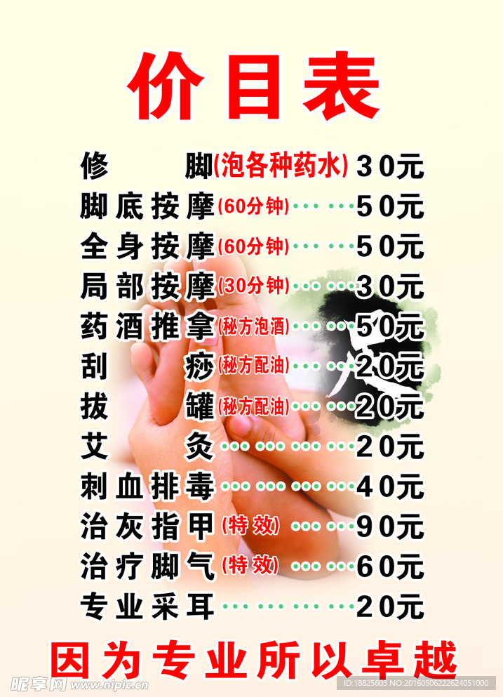修脚房价目表