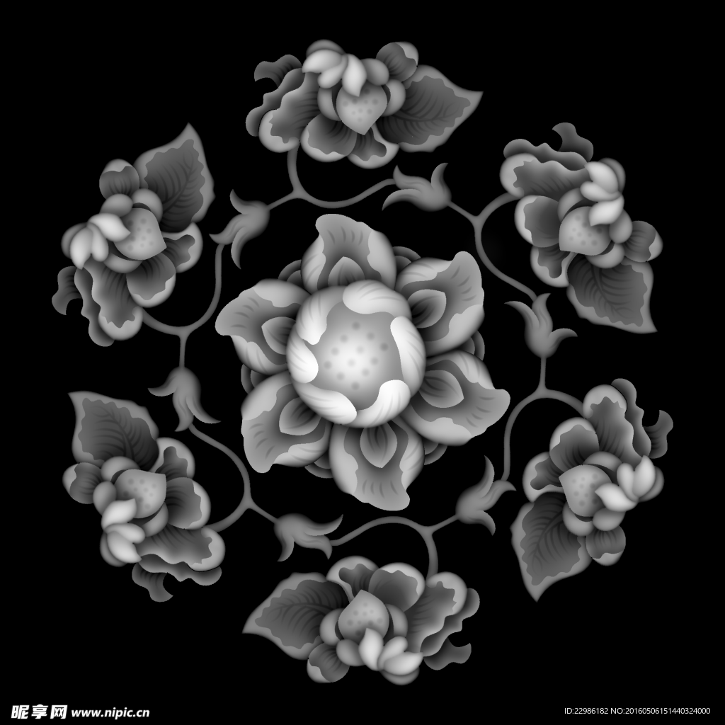 木门牡丹洋花灰度图