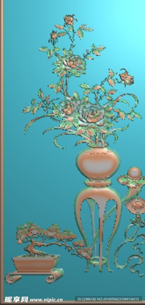 牡丹花花瓶博古门板精雕图
