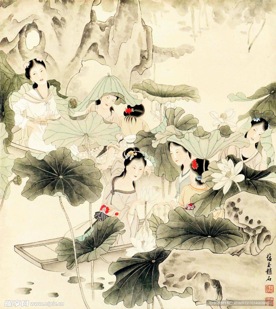 赵蕴玉 美女採莲