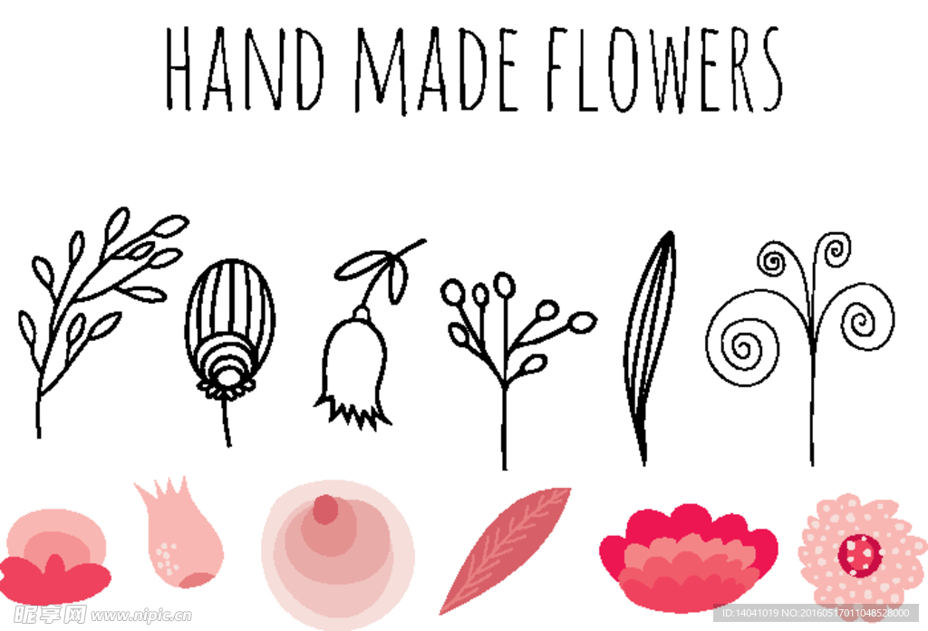 手工绘制的花和叶鸟图案