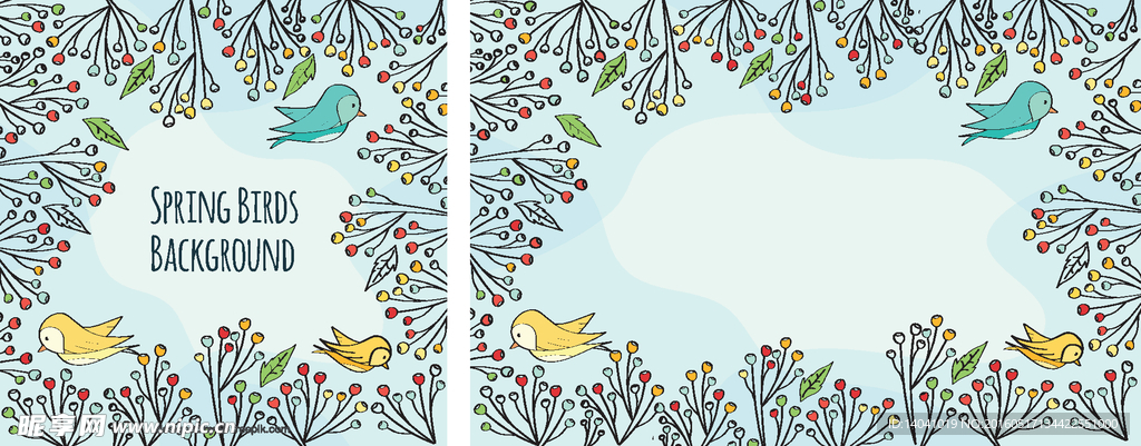 手工绘制的叶子和鸟背景