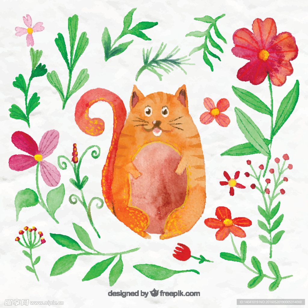 水彩可爱的猫用鲜花