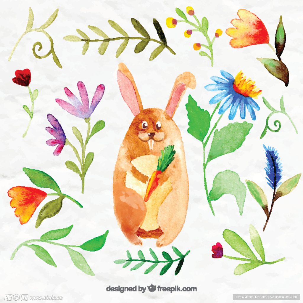 水彩兔子花和叶