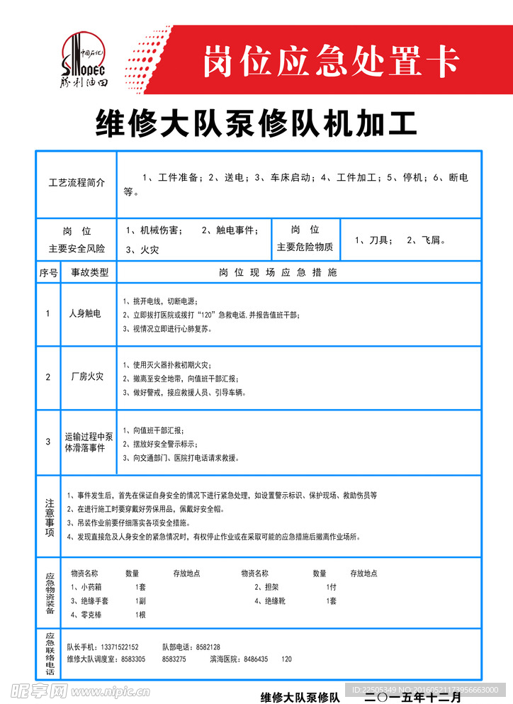 中石化胜利油田岗位应急处置卡