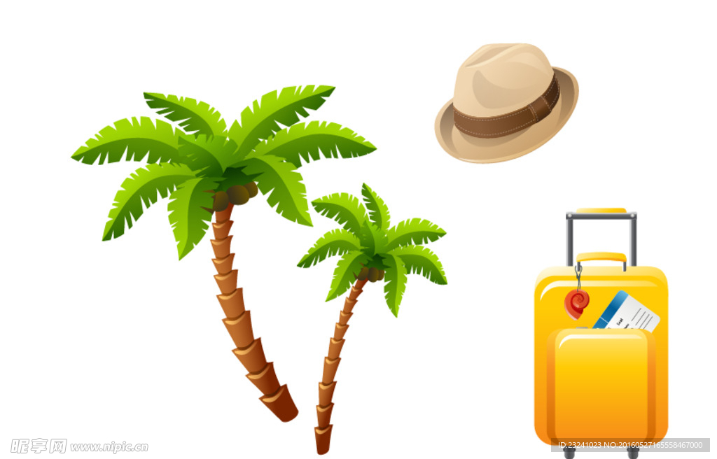 行李箱 椰子树 帽子