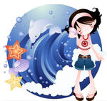 卡通画—听海螺的女孩