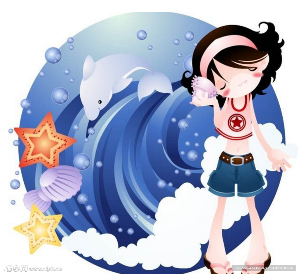 卡通画—听海螺的女孩