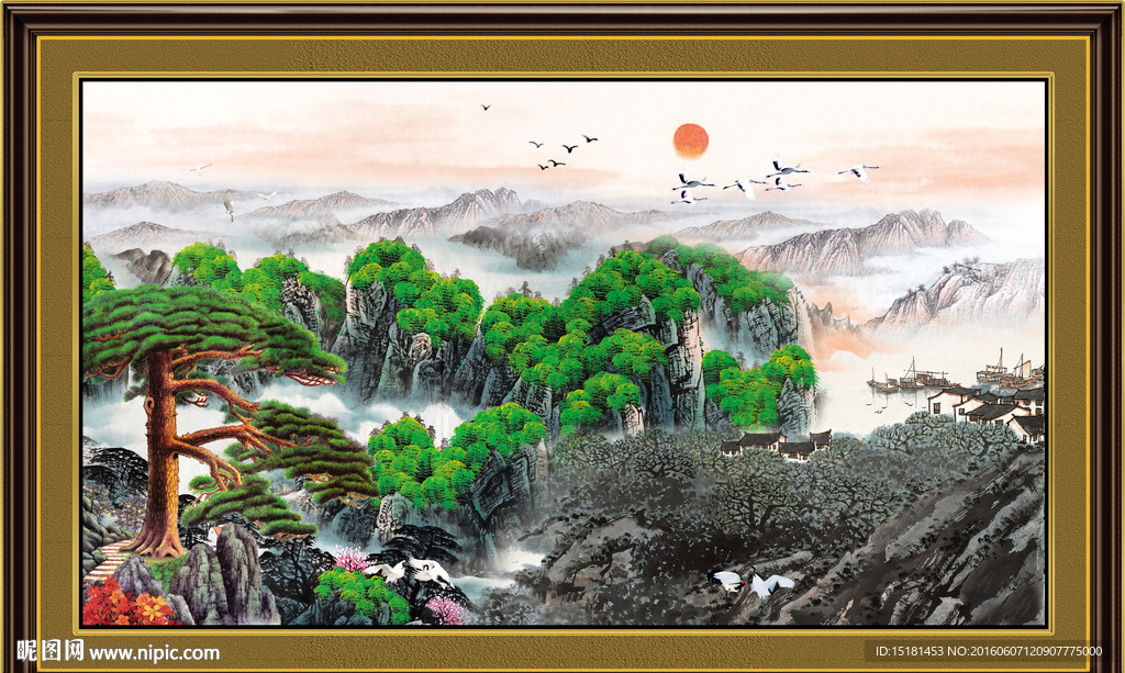 旭日东升 迎客松国画 旭日东升