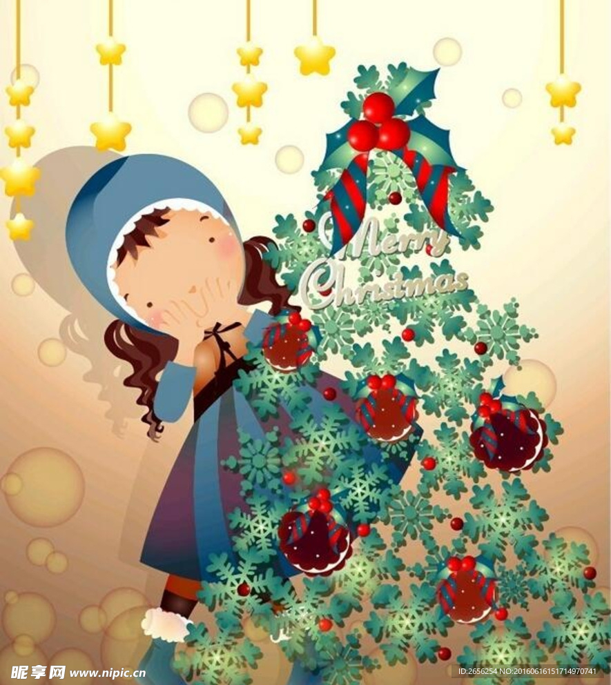 装扮圣诞树的小女孩