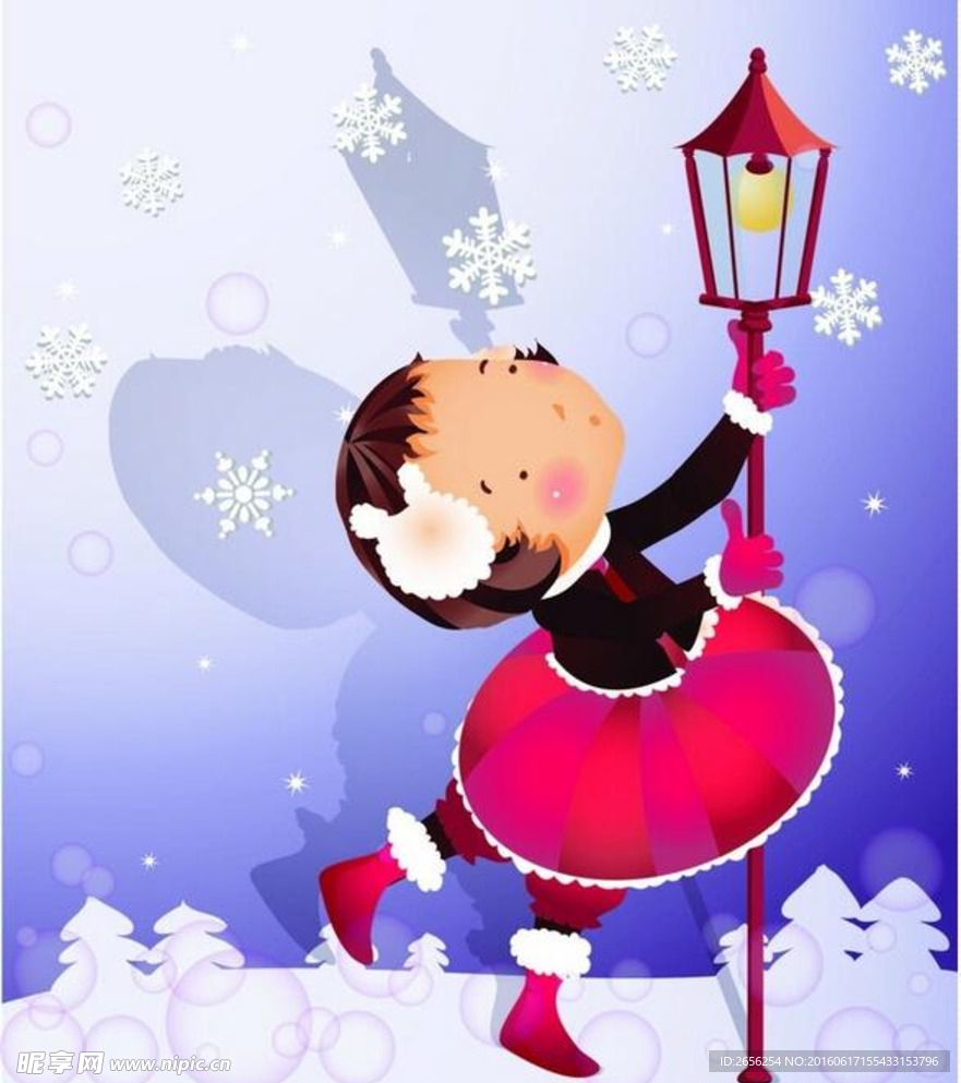 雪地路灯 小女孩